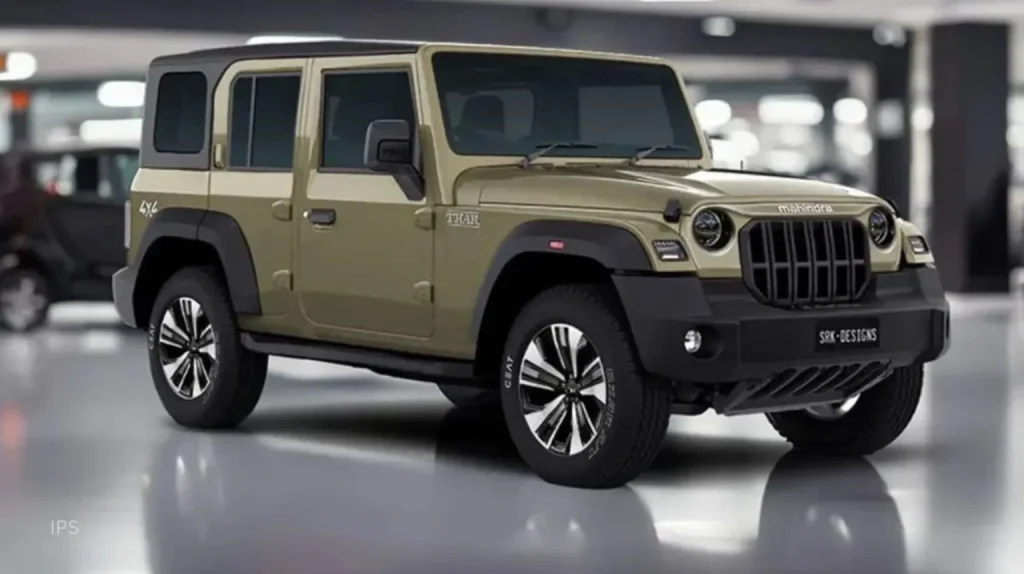 Front and side profile of 2025 Mahindra Thar 5-Door with LED headlights and alloy wheels