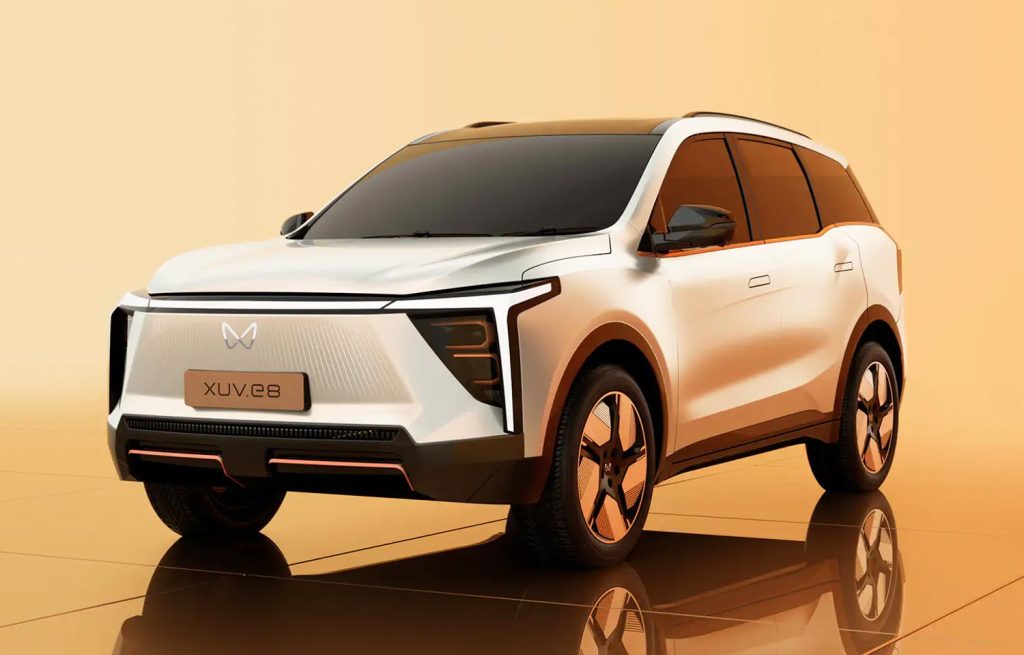 Mahindra XUV.e8 electric SUV concept with futuristic design and aerodynamic styling, showcased in premium white finish – next-gen EV in India