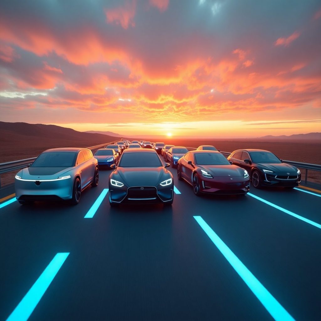 Lineup of top Best Electric Cars in 2025 – Tesla, Audi, BMW, Rivian on futuristic highway