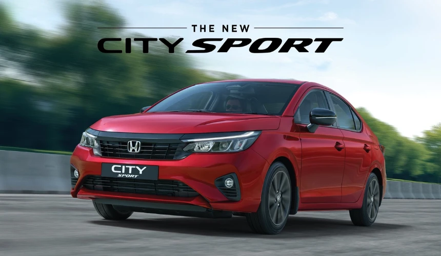 Honda City Sport Edition front view in black with red grille
