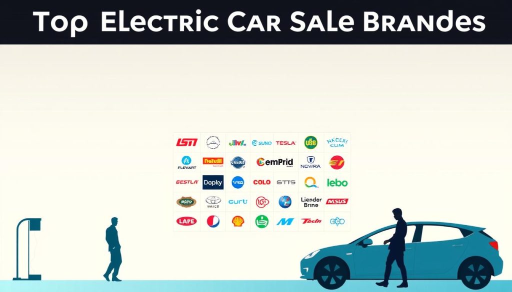 A modern, minimalist illustration showcasing the top electric car sales brands. In the foreground, prominent silhouettes of the leading EV manufacturers stand out against a clean, light background. The middle ground features a grid-like arrangement of colorful brand logos, each representing a major player in the competitive EV market. The background has a subtle gradient, creating depth and emphasizing the brands' visual identities. The overall composition conveys a sense of innovation, growth, and the fierce competition shaping the future of sustainable transportation.