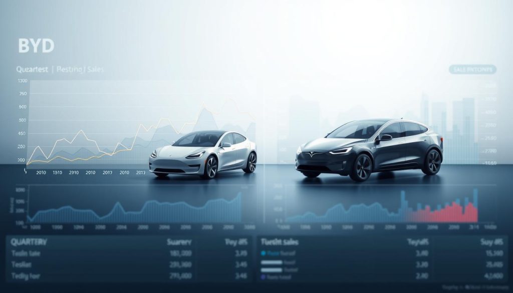Detailed sales data visualization of BYD and Tesla electric vehicles, displayed on a modern, minimalist dashboard interface. The foreground features clean line graphs charting the latest quarterly sales figures for both companies, with data points and trend lines in contrasting colors. The middle ground showcases sleek, low-poly 3D models of the latest BYD and Tesla flagship models, subtly rotating to provide multiple angles. The background is a soft, gradient-based color scheme, complementing the digital aesthetic. Bright yet muted lighting casts an professional, analytical tone, with a shallow depth of field to keep the focus on the data visualization.