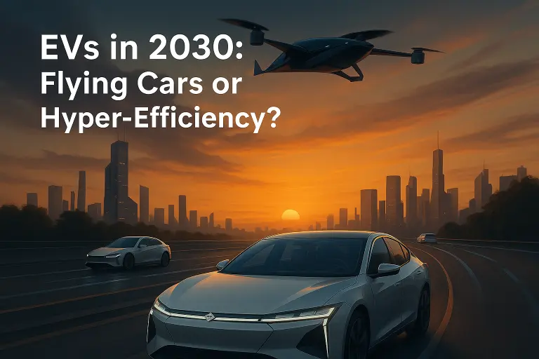 Cutaway of next-gen EV showing solid-state battery, AI sensors, regenerative braking — EVs in 2030: Flying Cars or Hyper-Efficiency?